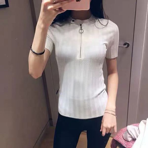 

2019 new simple white/black knitwear women's o-neck with half zipper short-sleeved stretch slim knit sweater pullover autumn