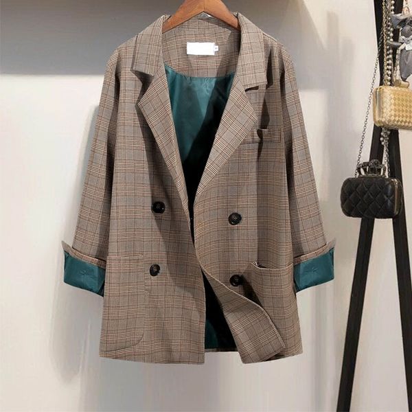 

chic small suit short jacket female 2019 spring and autumn new korean version of the loose lattice casual temperament small suit, White;black