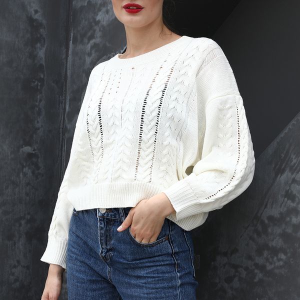 

women knitted white sweaters casual long sleeve twist pullover sweater solid loose jumpers knitwear fashion fall winter clothes, White;black