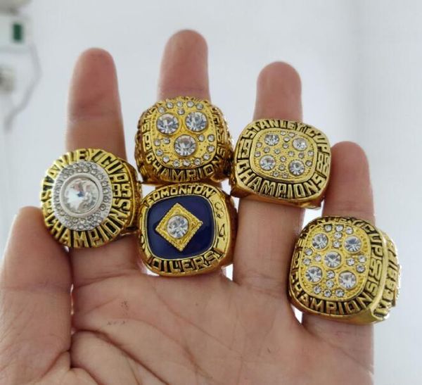 

5pcs 1984 1985 1987 1988 1990 edmonton oilers stanley cup team champion championship ring set souvenir men fan gift wholesale 2020, Golden;silver