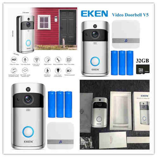 

2020 new eken wifi video doorbell v5 smart home door bell chime 720p hd camera real-time video two-way audio night vision pir motion detect