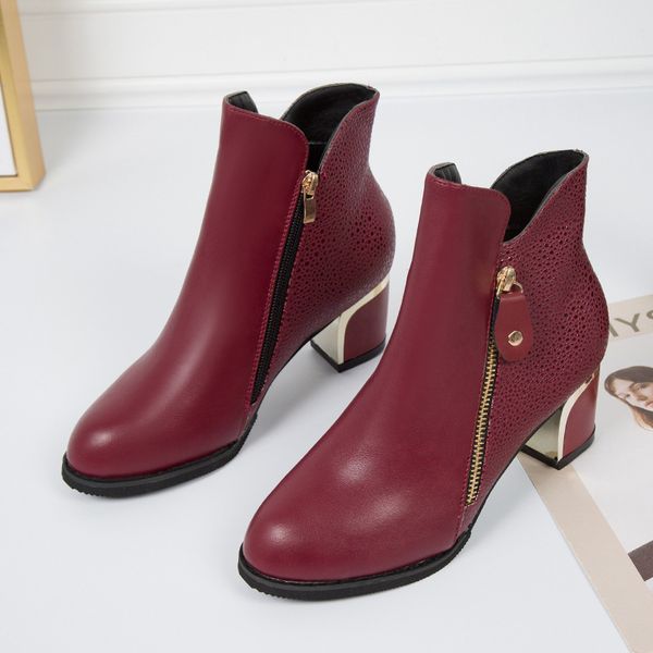 

lzj 2019 fashion patent leather ankle boots women spring autumn square high heel zipper boots round toe woman shoes red black