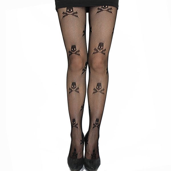 

1 pc stay up thigh high tights fishnet mesh skull print punk stretch pantyhose for woman, Black;white