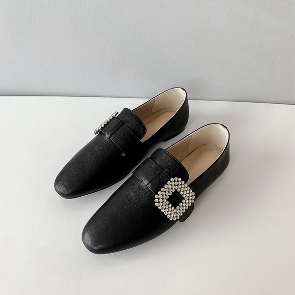 

2020 new spring loafers women's flat shoes genuine leather comfortable soft rhinestone buckle casual shoes chaussures femme, Black