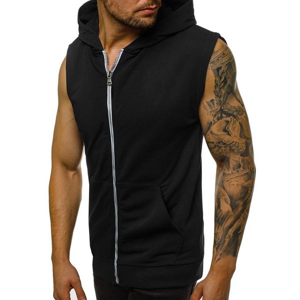 

cysincos fashion men tight-fitting hooded vest thin casual solid color sleeveless jacket gym quick-drying zipper waistcoat top, Black;white