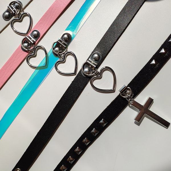 

2019 punk harajuku black collar love choker necklace heart pu leather choker punk goth 100% handmade cross neck jewelry, Golden;silver