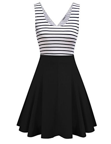 

missky women's striped long sleeve scoop neck and v neck swing mini cocktail dress, Black;gray