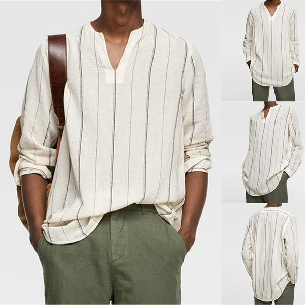 

men's summer short sleeve shirt cotton men's fashion bamboo cotton long sleeve v-neck striped shirt casual blouse -3xl, White;black