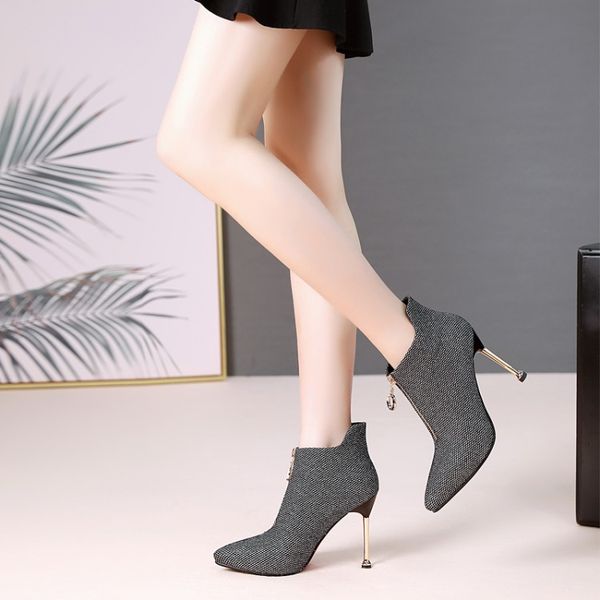 

boots big size 9 women shoes ankle for ladies woman winter front zipper with tapered heel, Black