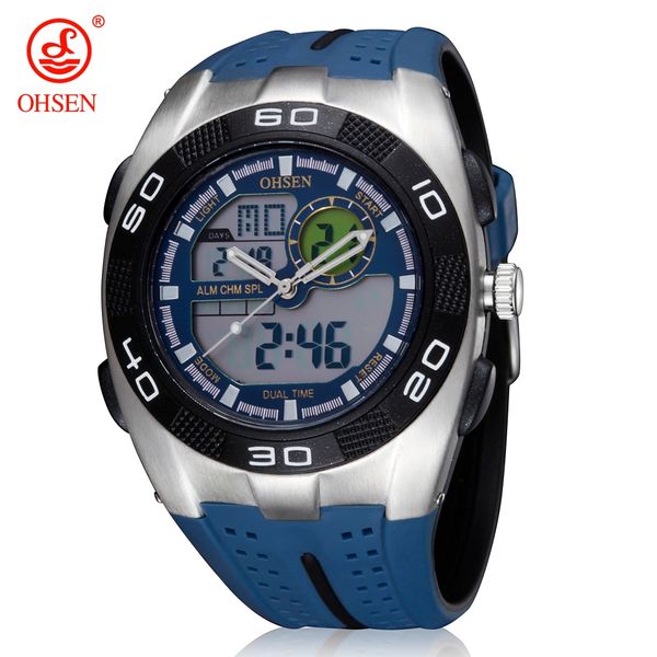 

ohsen brand digital quartz men waterproof wristwatch relogio masculino outdoor sport dual time display blue led alarm watches, Slivery;brown