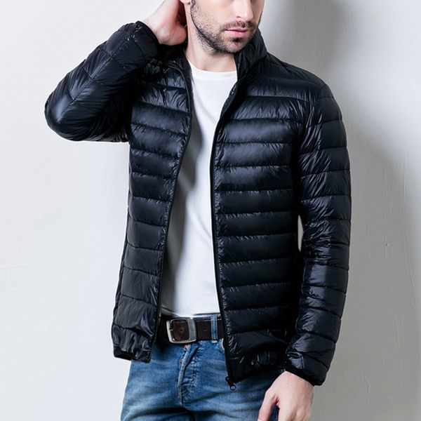

men down coats winter warm coat duck down jacket packable puffer outwear zipper stand collar classy coat, Black
