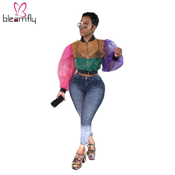 

2019 new women autumn patchwork organza see transparent long sleeve zipper up trench fashion classic female mesh sheer coat, Tan;black