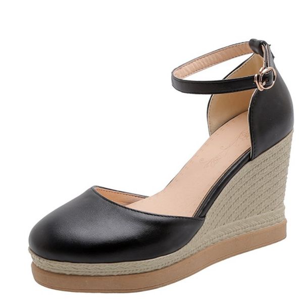 

fanyuan 2020 pu leather platform women shoes wedge high heel ladies sandals casual round toe buckle women pumps big size 34-43, Black