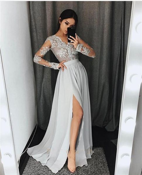 

silver grey sheer long sleeves prom dresses long v neck appliques lace chiffon formal party gowns with high split modest evening gowns, Black