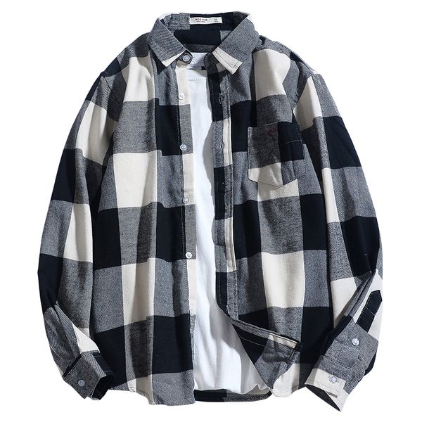 

японский плед свободные хлопчатобумажные мужские рубашки с длинным рукавом повседневные рубашки на пуговицах koszula meska ретро осень мужск, White;black