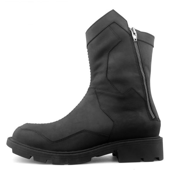 

vintage patch stitching mens genuine leather mid calf boots british winter warm round toe zip thick bottom male high boots, Black