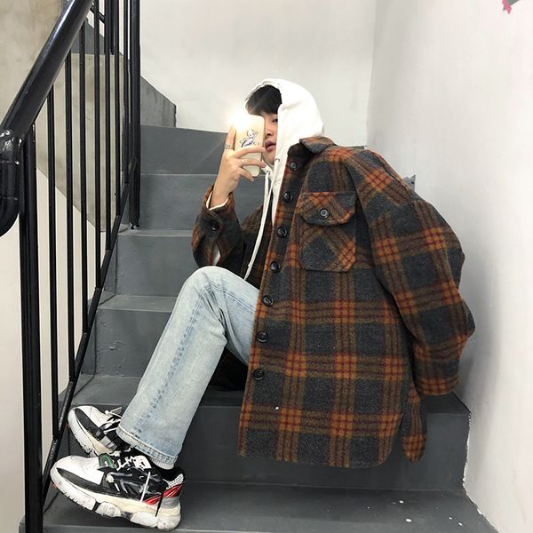 

2019 ранняя осень новый корейский мужской свободный лацкан шерстяной ins super fire повседневная студенческая решетка harajuku street теплая, Black