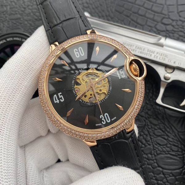 

fashion hollowing out watch 43mm dial leather strao luxury mens watches automatic movement watches, Slivery;brown