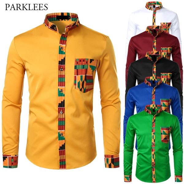 

vintage african dashiki mens shirt standing collar shirts men tribal ethnic men long sleeve patchwork pocket design camisas usa, White;black
