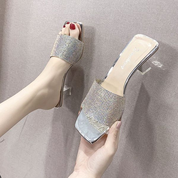 

slippers glitter silver gold rhinestones high heel women shiny sandals summer shoes party metal, Black