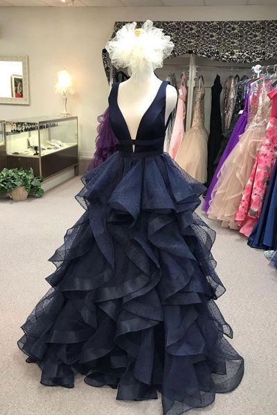 

fashion navy blue ball gown ruffles prom quinceanera dresses deep v neck real p backless cocktail party evening formal dress gowns, Black