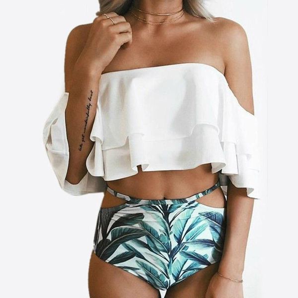 

high waist swimsuit bikinis women swimwear ruffle vintage bandeau striped bottom bikini set bathing suits elegant, White;black