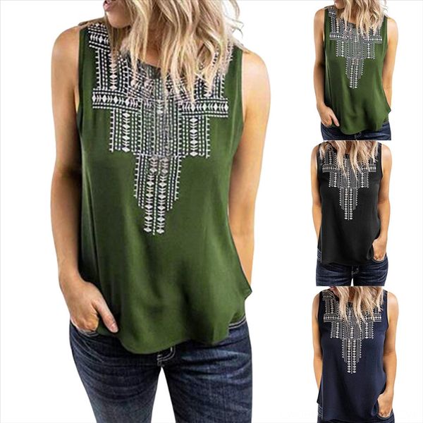 

summer 2020 embroidered embroidery round collar sleeveless summer 2020 women's embroidered embroidery round collar t-shirt sleeveless t, White