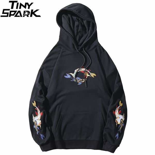 

men hip hop hoodie sweatshirt embroidery lucky koi fish harajuku streetwear hooded pullover cotton autumn 2019 hoodie oversize, Black