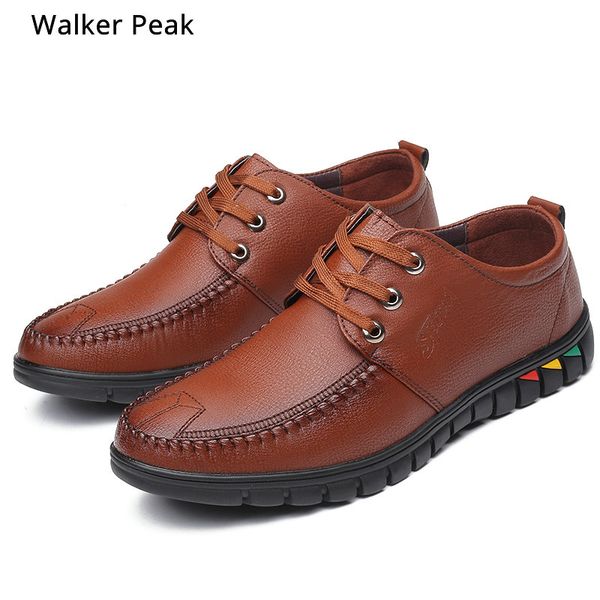 

new 2020 genuine leather shoes men flats fashion men's casual shoes brand man soft comfortable lace up walker, Black