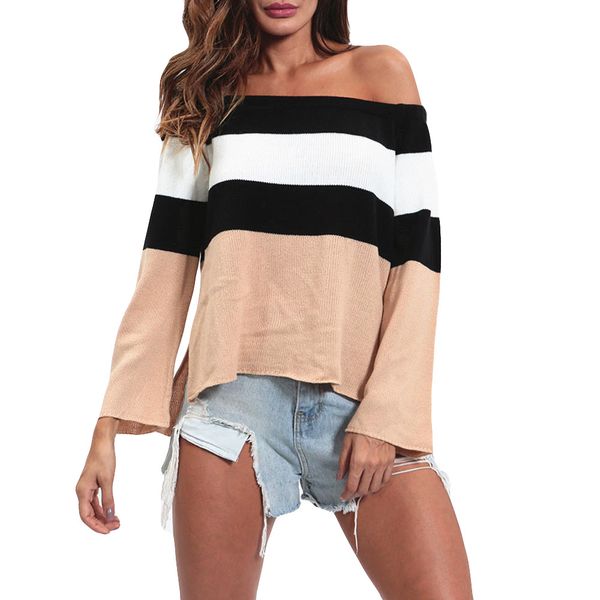 

womens autumn sweater stripe off shoulder long sleeve knitting pullover blouse sweater korean style cropped, White;black