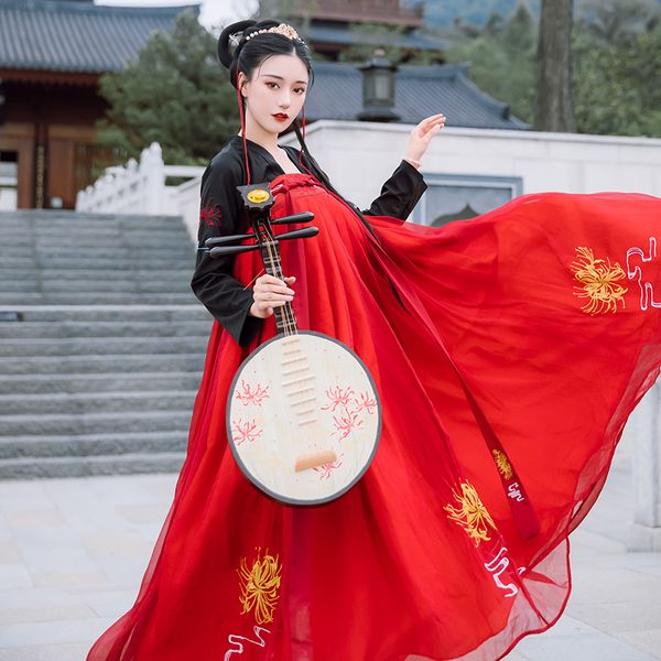 

stage wear hanfu women chinese ancient tradition vintage dress cosplay fairy costume outfit for lady six meter pendulum dl5338, Black;red