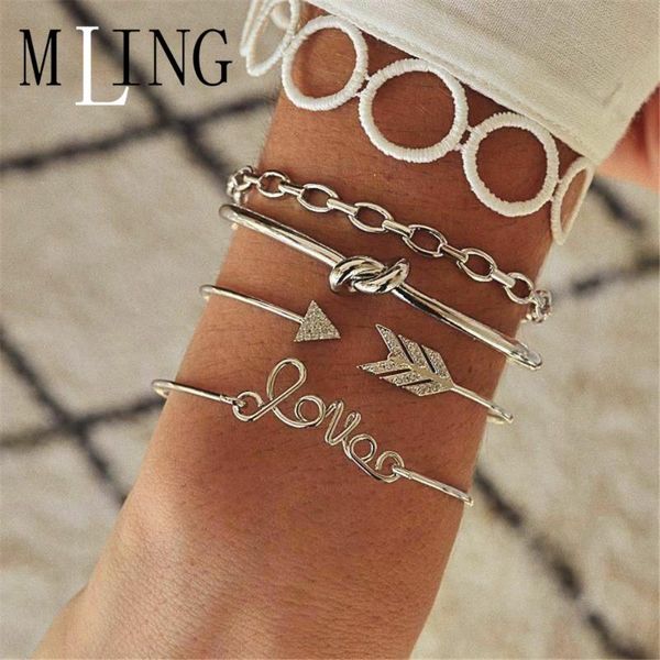 

mling 4 pcs/set vintage silver alloy crystal geometric bracelet set fashion lover letters arrow bracelet for women, Golden;silver