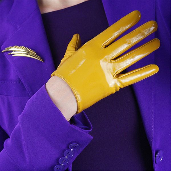

16cm patent short gloves emulation leather mirror bright leather pu leather bright ginger yellow bright yellow wpu120, Blue;gray