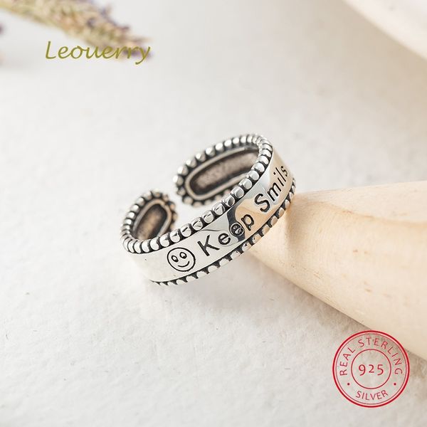 

leouerry 925 sterling silver lettering keep smile opening rings for women inspirational vintage finger ring silver 925 jewelry, Golden;silver