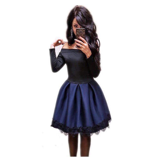 

Women Vintage Off The Shoulder Lace Patchwork Party Dress Long Sleeve Solid A -Line Mini Dress Winter Fashion Women Dress