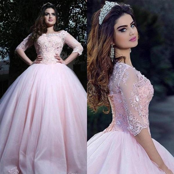 

vintage blush jewel neck quinceanera prom dresses with half illusion sleeves applique lace long party sweet 15 vestidos de dress, Blue;red