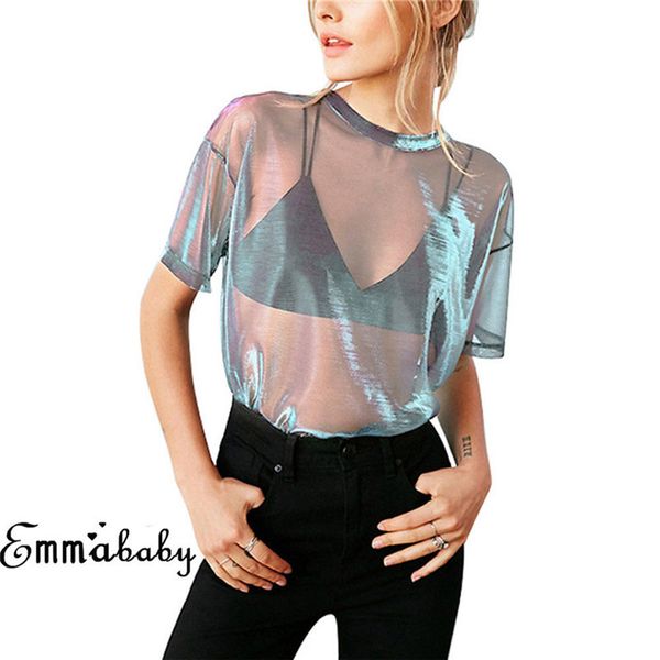 

2018 summer mesh shirt short sleeve shirt women's ladies transparent hollow perspective blouse black blue clothes, White