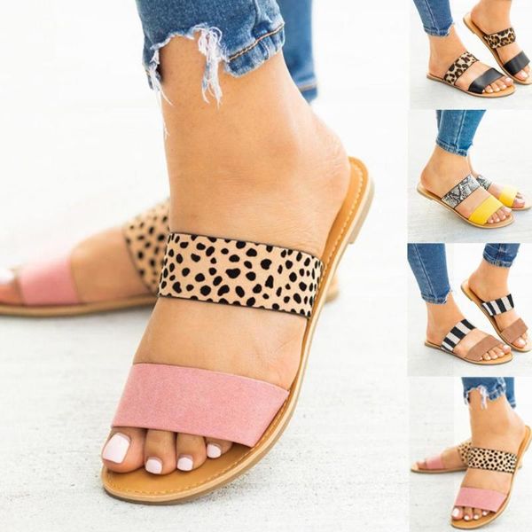 

2020 summer bifurcated women's sandals leopard print slippers comfortable gladiator women's casual open-toed plus size shoes, Black