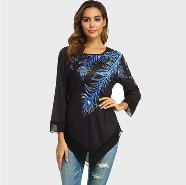 

shirt blouse women plus size 5xl fashion new spring print 3/4 sleeve elasticity splice female shirt casual, White