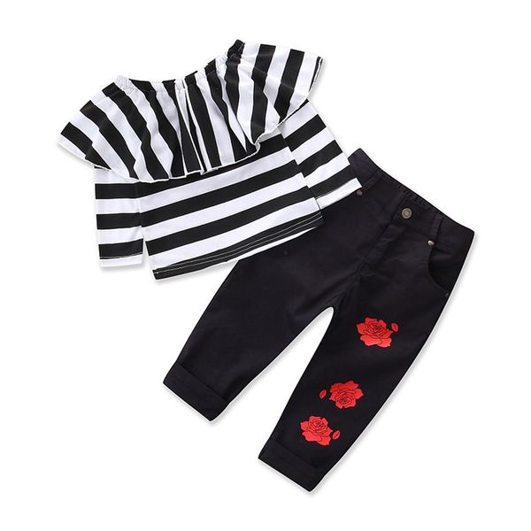 

fashion newborn infant toddler kids baby girl clothes off shoulder cotton striped popular flower pants clothes outfits, White