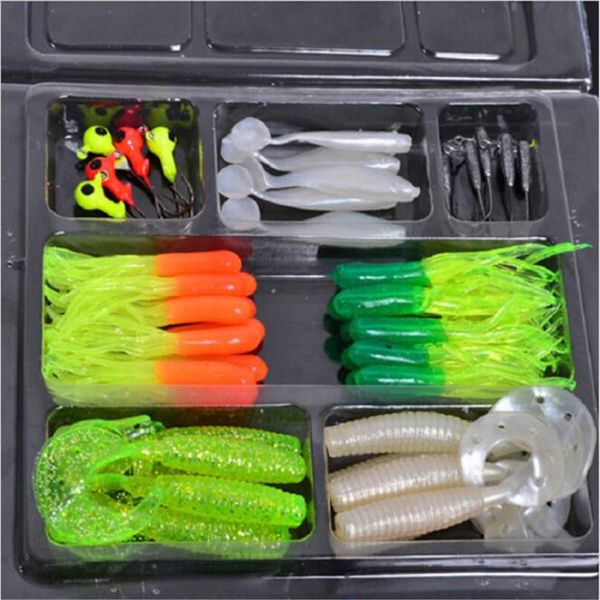 

35pcs soft worm fishing baits + 10 lead jig head hooks simulation lures tackle set fishing tools tackle box