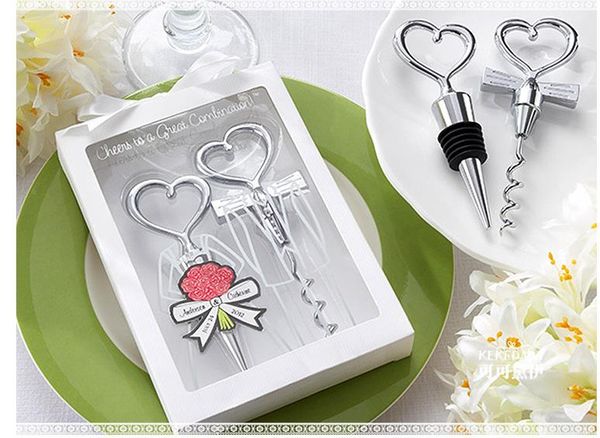 

100pcs(50sets)/lot heart shape combination couple wine bottle opener corkscrew and ser set wedding souvenirs for guest