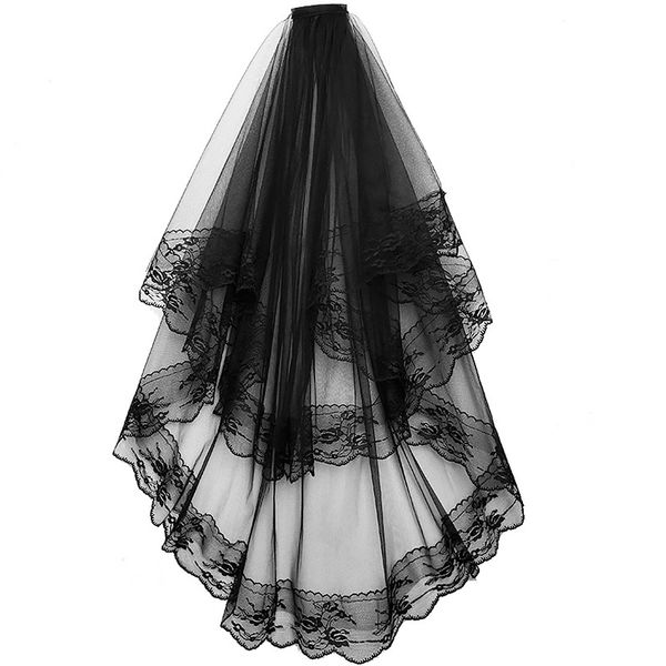 Black White Lace Bridal Veils With Comb Short Two Layer Elegant Vintage Wedding Veils For Bride Cosplay Costume Hair Accessories Inexpensive Bridal