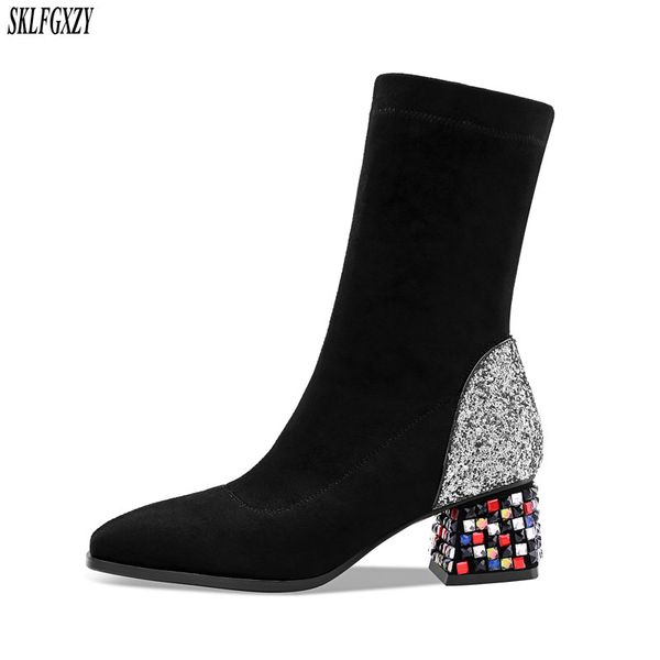 

women winter sock boots 2019 new party square toe elastic plush warm black shoes short ankle booties size34-43