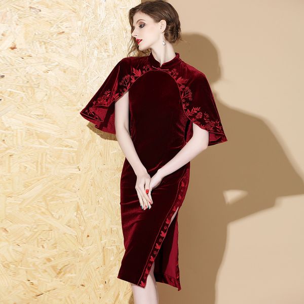 

2019 early spring high-end large size women's fashion lotus leaf sleeve stitching collar improved cheongsam dress slim dress c21, Black;gray