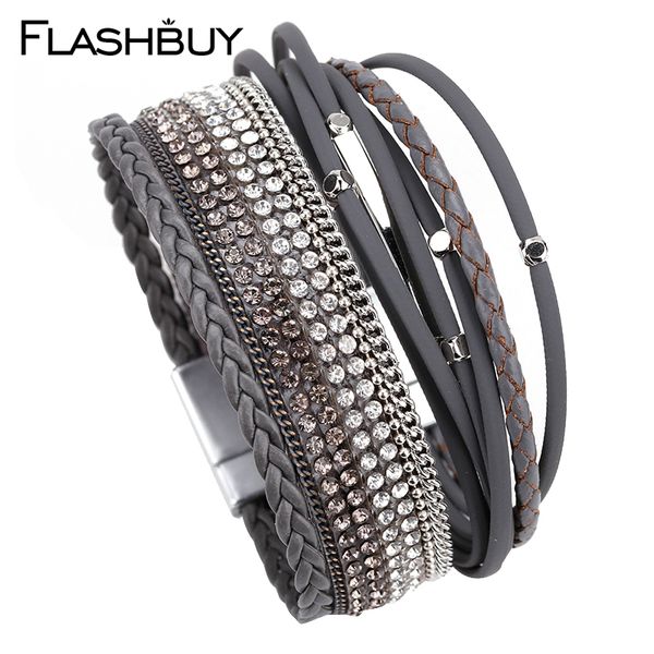 

flashbuy trendy multi layer rhinestone leather bracelets for women beads braid bangles fashion jewelry femme wedding accessories, Golden;silver