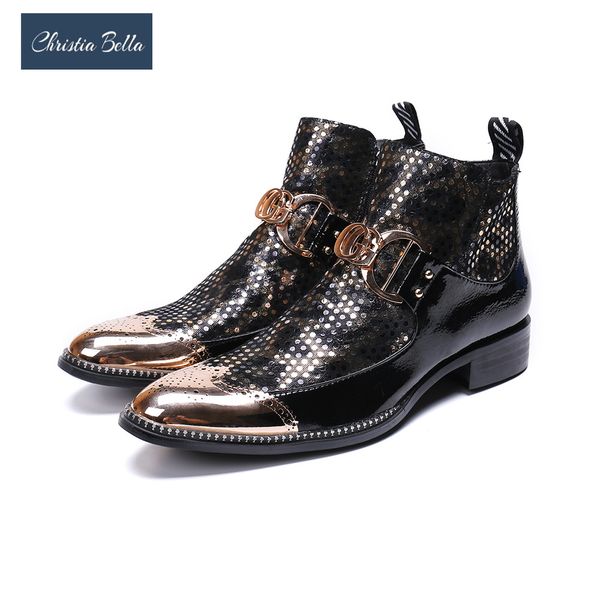 

christia bella solid chain men shoes genuine leather boots new fashion metal round toe boots big size zipper ankle, Black