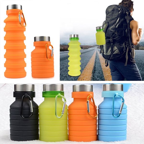 

fold silicone water bottles sport 550ml outdoor flexible drink cups cycling bottles mug travel with mountaineering buckle 4 colors hh7-1377
