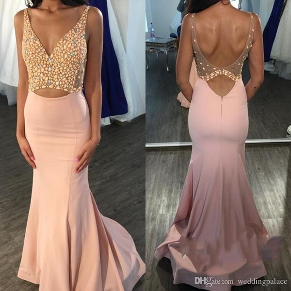 

v neck trumpet mermaid prom dresses with beaded illusion bodice open back formal evening dresses gowns party prom gowns, Black