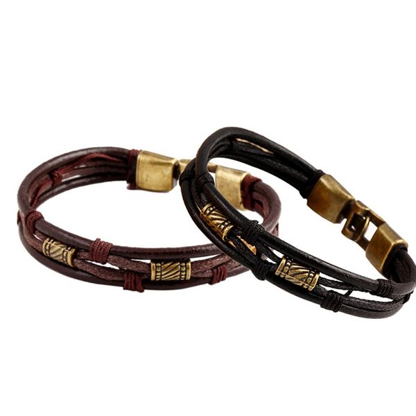 

women men bangle wristband armband braslet men's vintage alloy leather bracelets in brown male jewelry 8.85 inch, Golden;silver